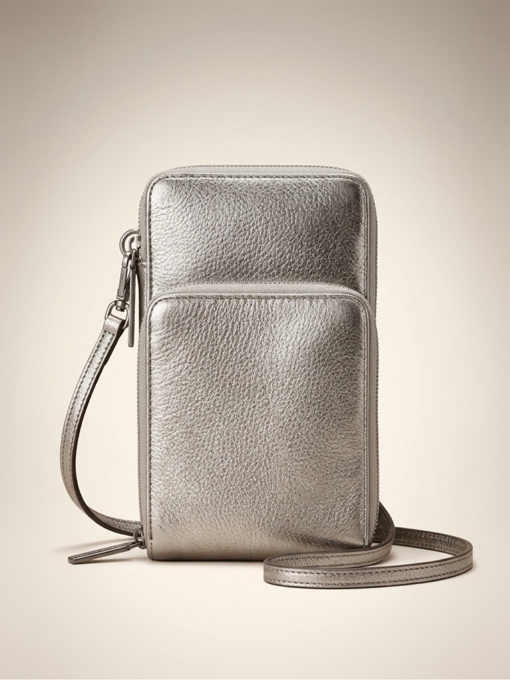 J.Jill Metallic Pewter Leather Crossbody Wallet Purse OS